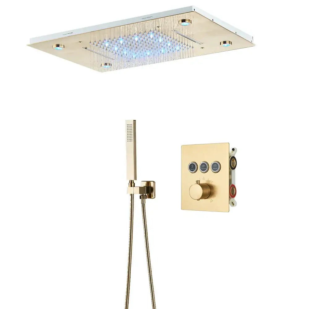 Modern brushed gold rainfall shower set with a gold-finished rectangular rain shower head featuring blue led lights and multiple nozzles