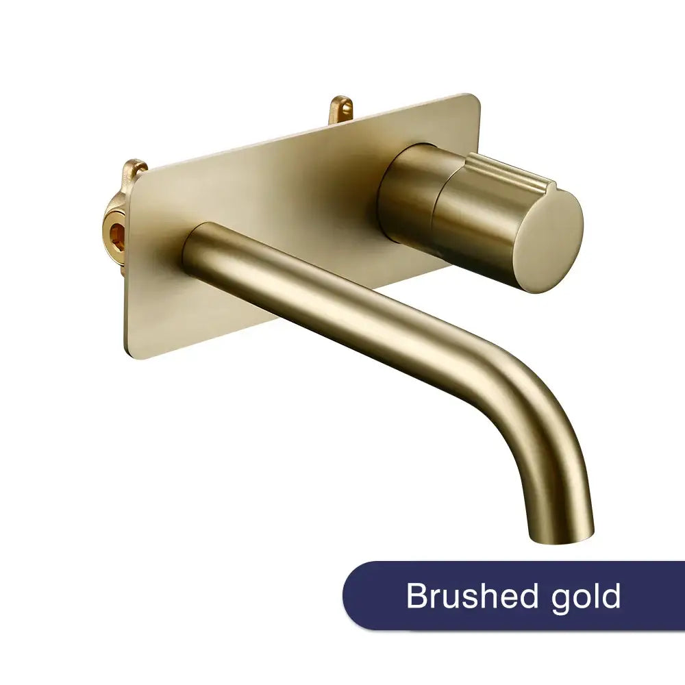 Modern brushed gold rectangular wall mounted bathroom faucet with sleek minimalist handle and brushed metal finish