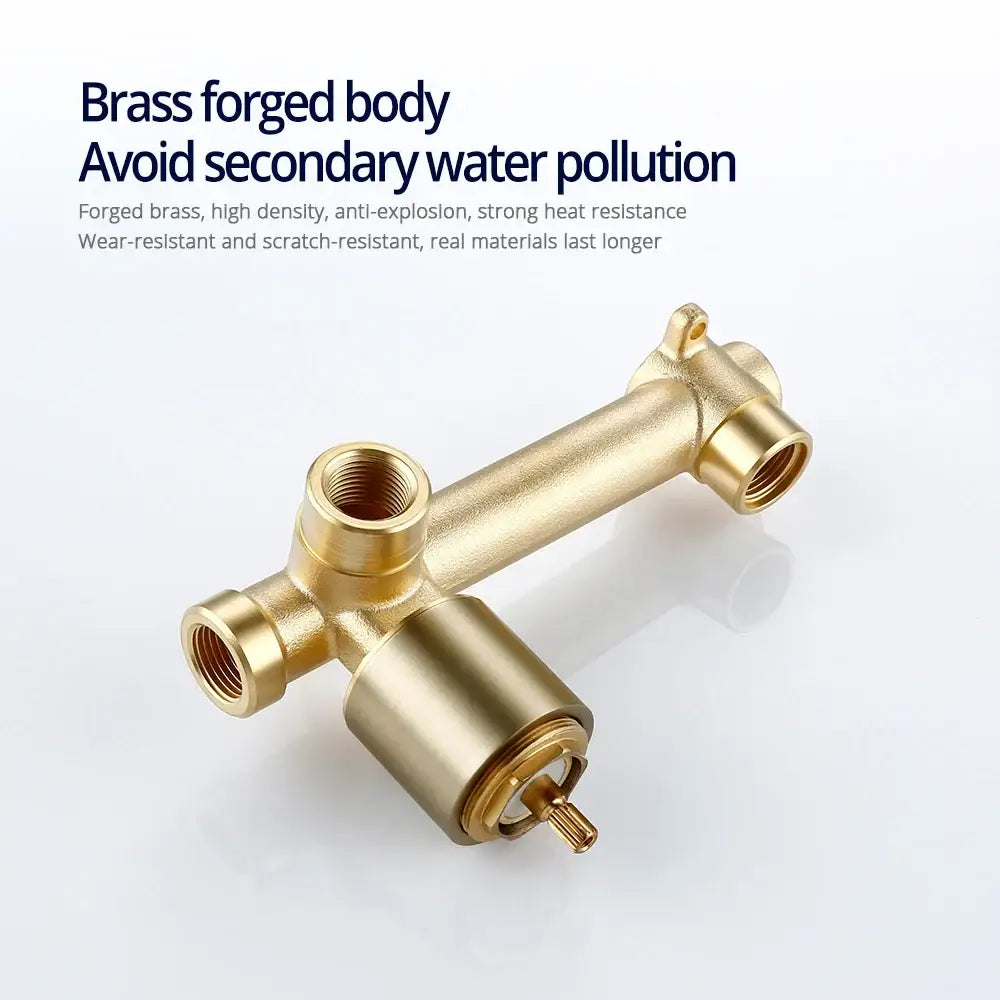 Modern brushed gold rectangular wall mounted faucet bathroom mixer with gold-colored brass-forged valve and cylindrical handle