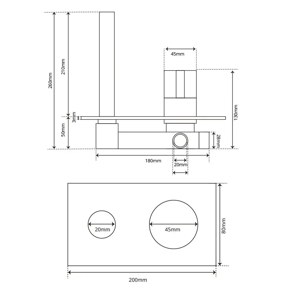 Technical drawing of a wall-mounted sink unit with two circular cutouts and dimensional details for modern brushed gold faucet