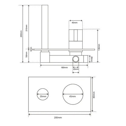 Technical drawing of a wall-mounted sink unit with two circular cutouts and dimensional details for modern brushed gold faucet