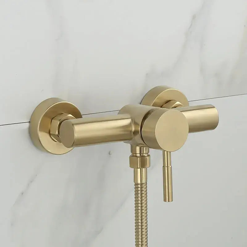 Modern brushed gold shower faucet set featuring a gold-finished brass faucet with sleek design and flexible hose
