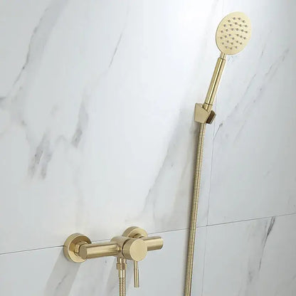 Modern brushed gold shower faucet set with gold-finished shower head and matching wall-mounted faucet for bathroom use