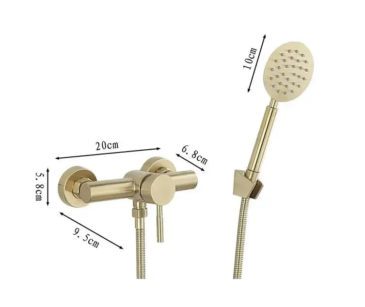 Modern brushed gold shower faucet set with integrated handle and detachable handheld mixer for bathroom use