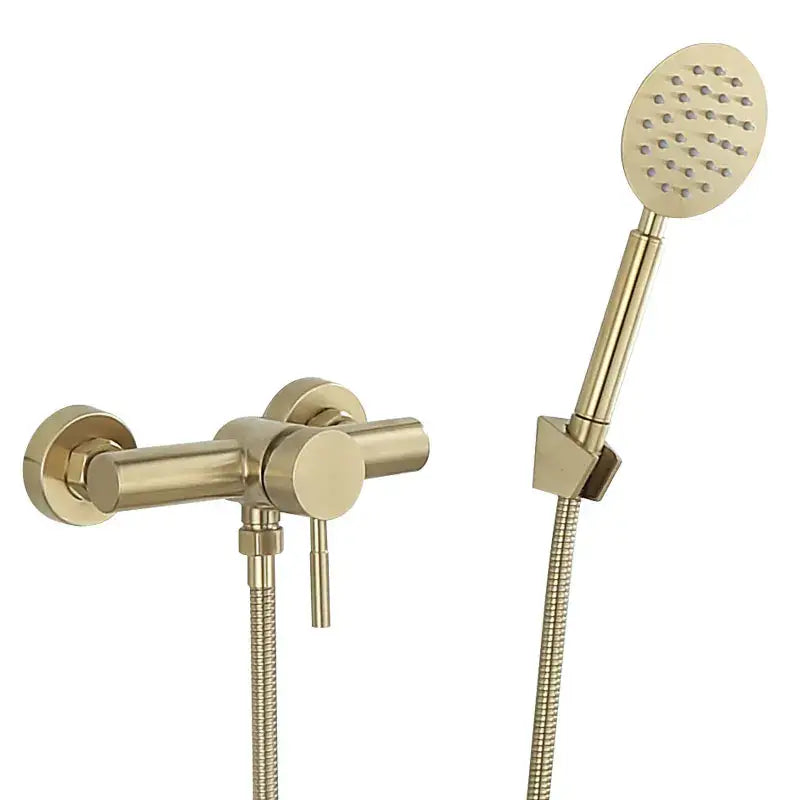 Modern brushed gold shower faucet set with wall-mounted control valve and handheld showerhead for bathroom use