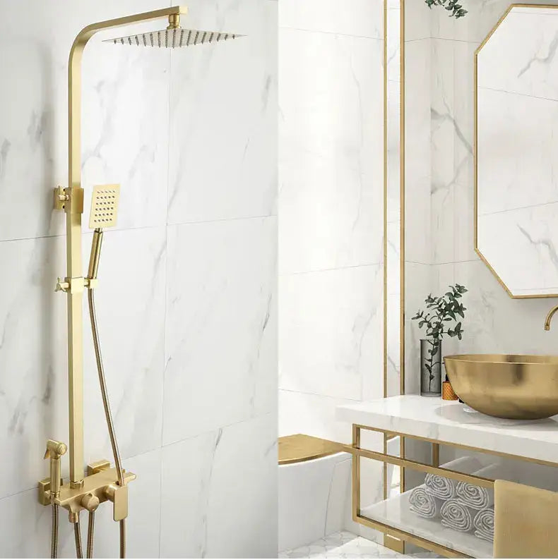 Modern brushed gold shower faucet set with square rainfall head and handheld spray on adjustable vertical bar