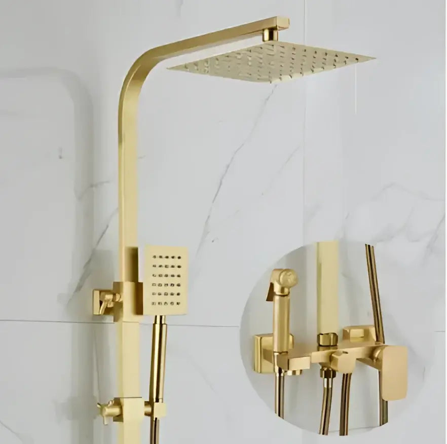 Modern brushed gold shower faucet set with rainfall head and matching handheld sprayer in sleek square design