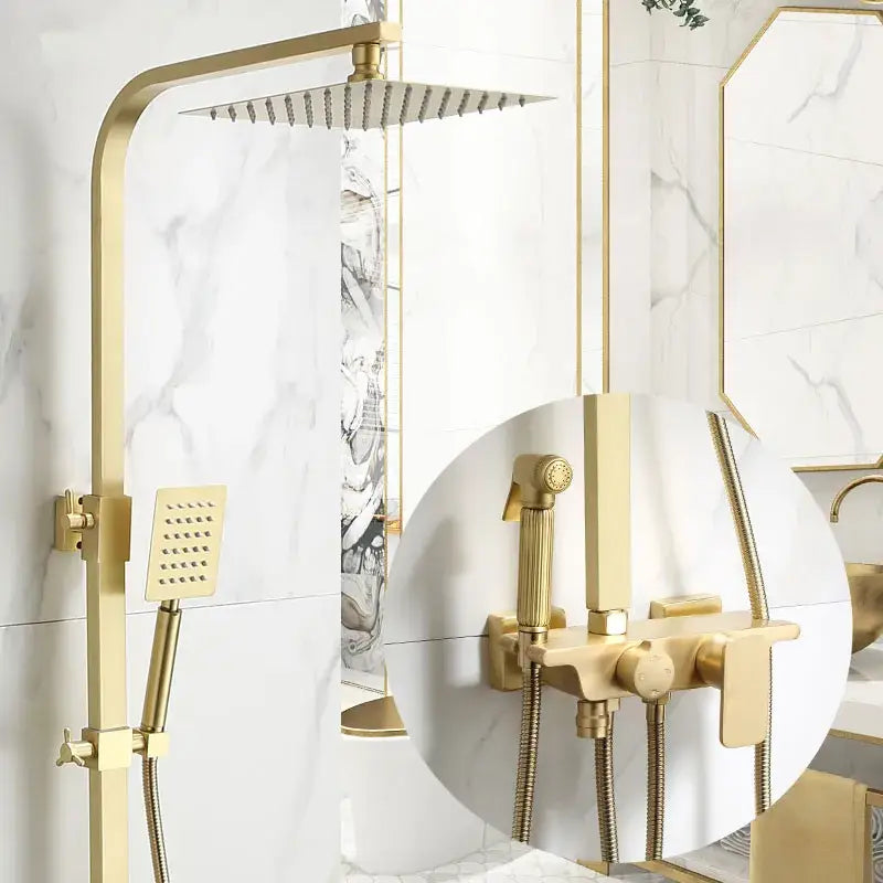 Modern brushed gold shower faucet set with square rainfall head handheld spray nozzle and wall-mounted control valve