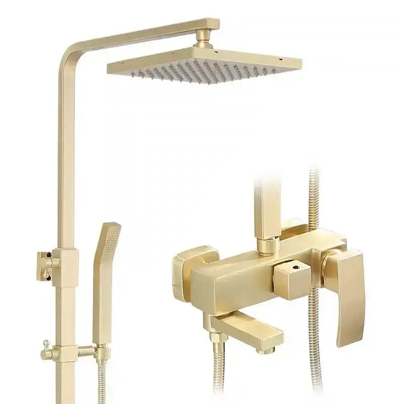 Modern brushed gold shower faucet set with square rainfall head handheld sprayer and angular mixer valve for bathroom