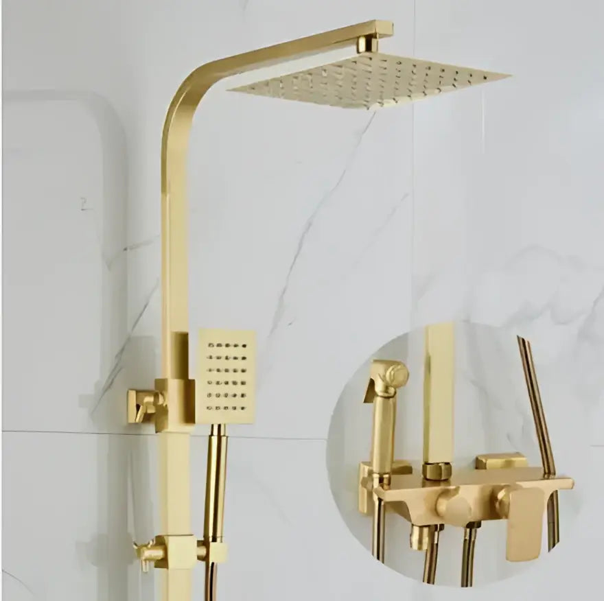 Modern brushed gold shower faucet set with a gold-colored square rainfall head and matching shower arm and rail system