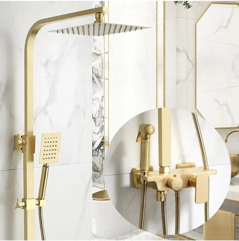 Modern brushed gold shower faucet set with square rainhead handheld spray nozzle and wall-mounted control valve