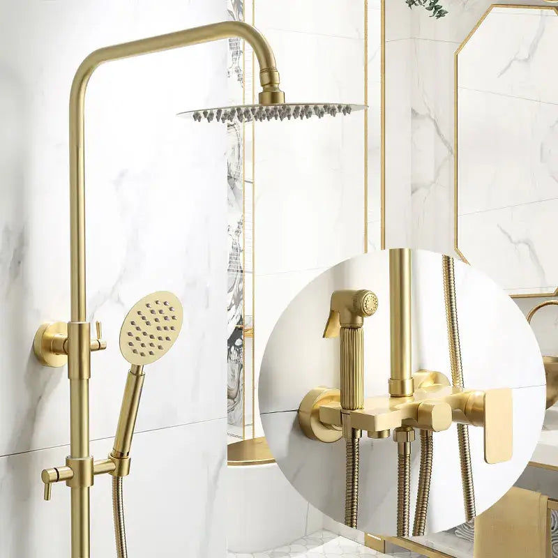 Modern brushed gold shower faucet set featuring a gold-finished brass shower faucet with rainhead and handheld nozzle