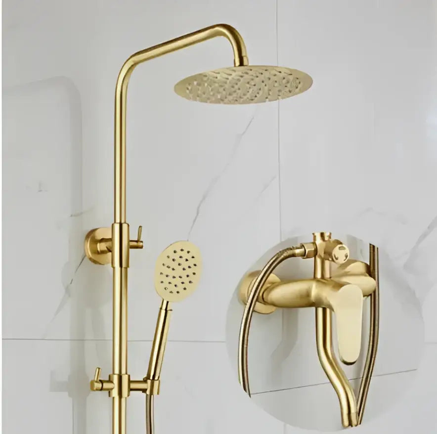 Modern brushed gold shower faucet set with round rainfall head handheld sprayer and wall-mounted faucet for bathroom