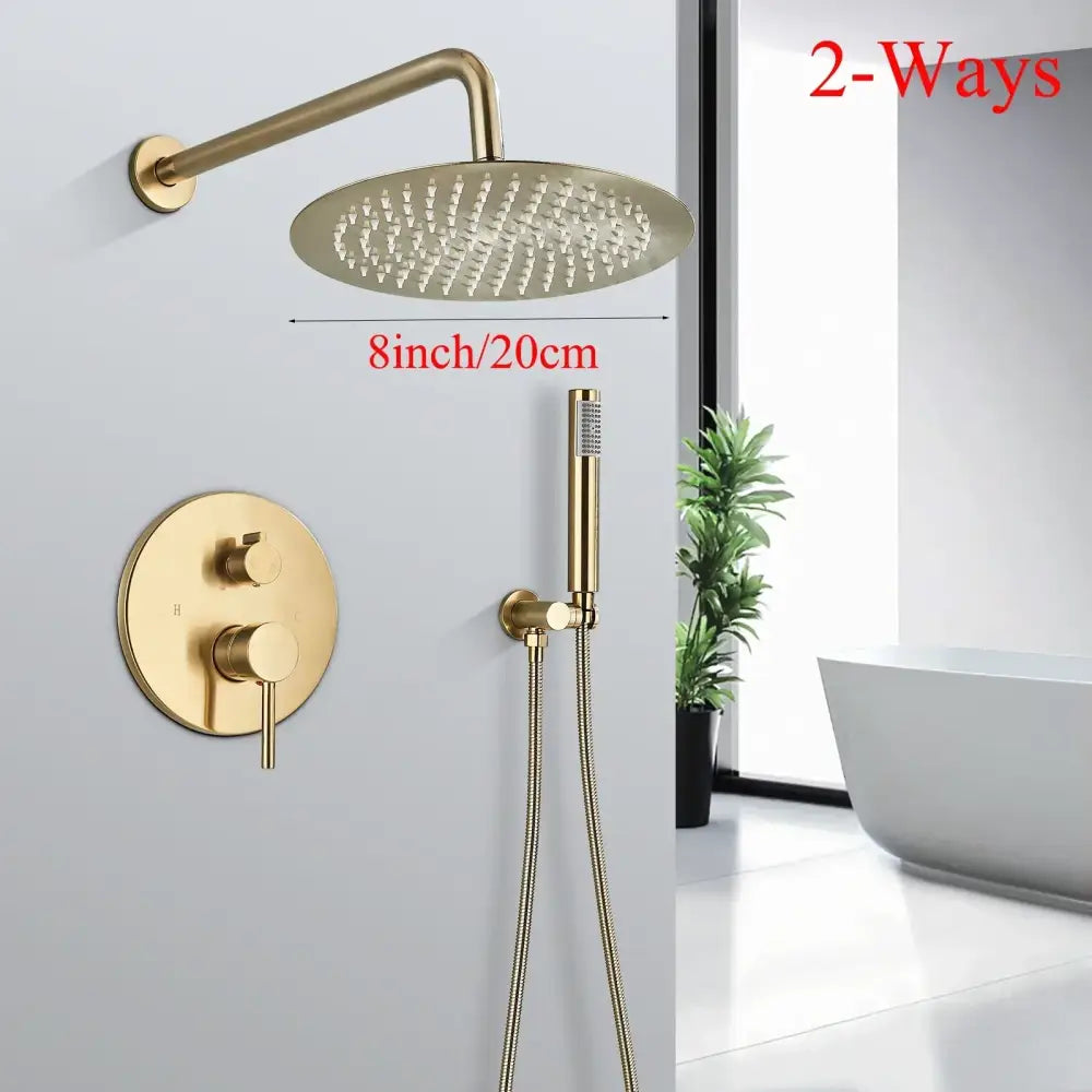 Modern decorbites brushed gold shower faucet system with 8-inch rainfall head handheld sprayer and wall control panel