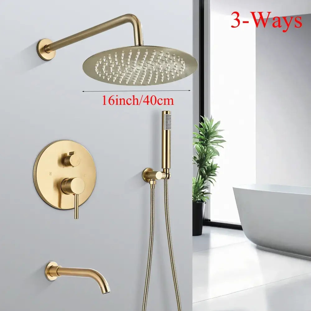 Modern brushed gold shower faucet system with 16-inch round rainfall head and handheld sprayer decorbites brushed gold
