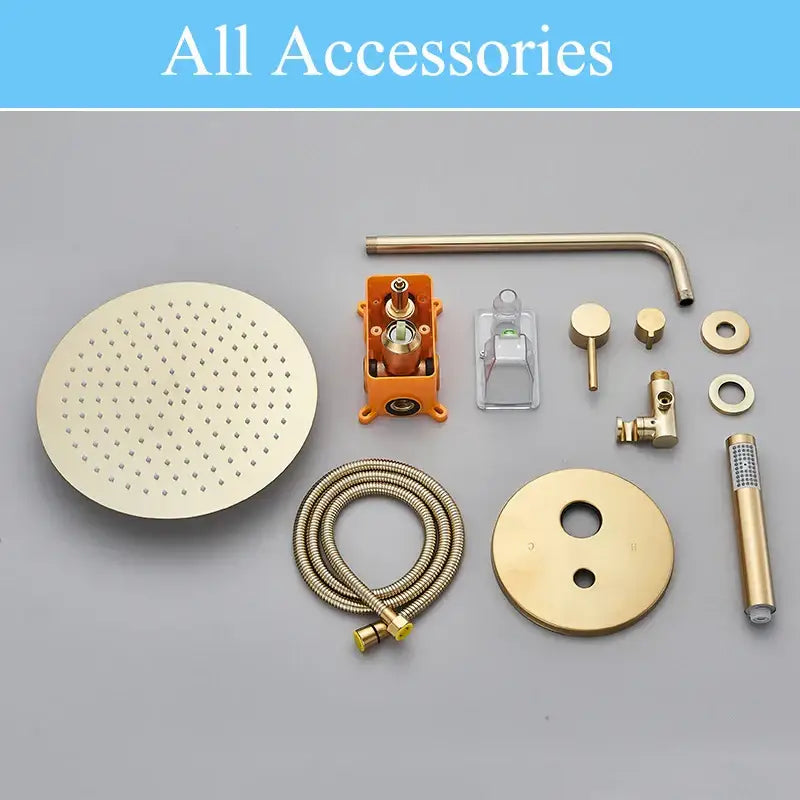 Modern brushed gold shower faucet system with circular rainfall head handheld nozzle and matching brass piping decorbites brushed gold