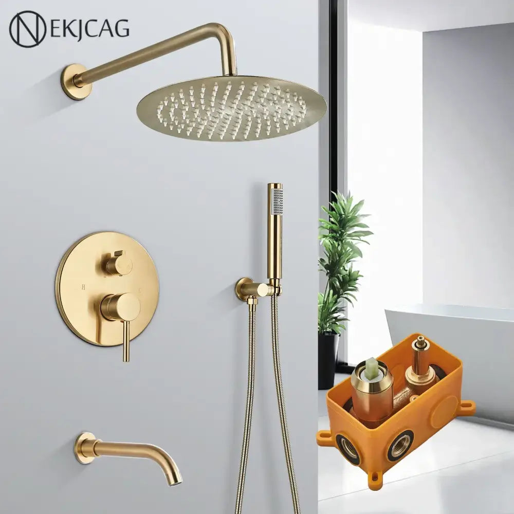 Modern brushed gold shower faucet system with round rainhead, handheld sprayer, and decorbites brushed gold finish