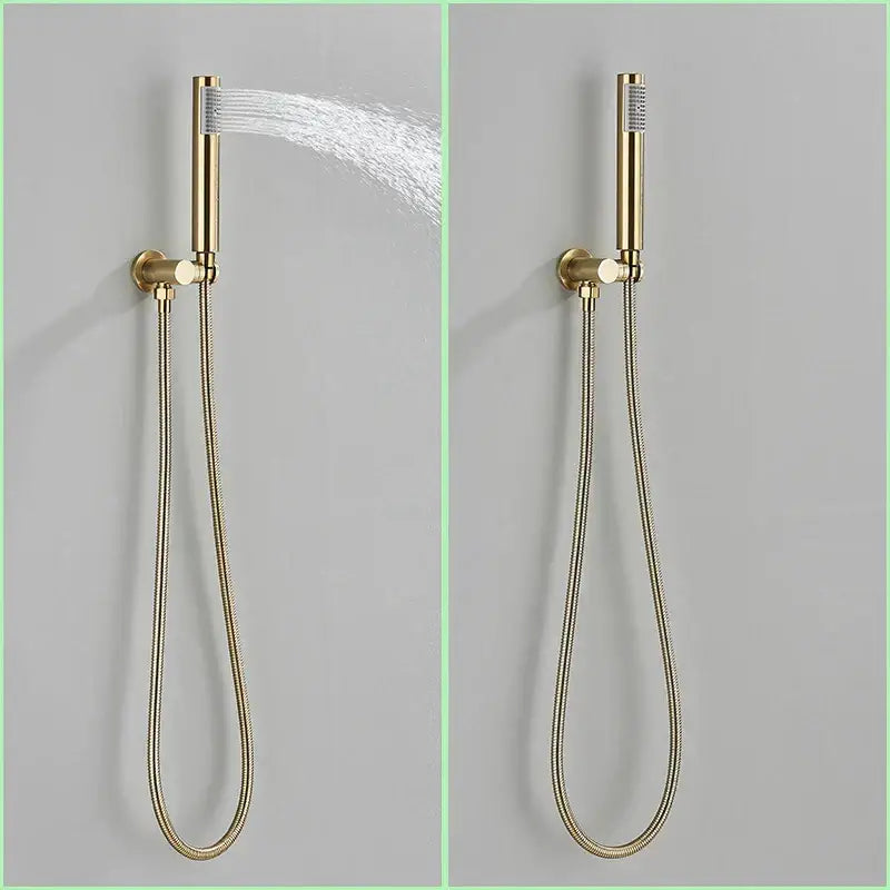Modern brushed gold shower faucet with gold-toned rainfall head and flexible braided hose by decorbites brushed gold