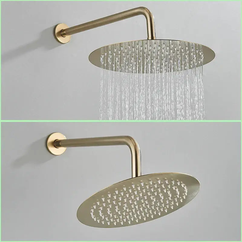 Brass-finished round brushed gold showerhead with multiple jets for modern decorbites brushed gold shower faucet system