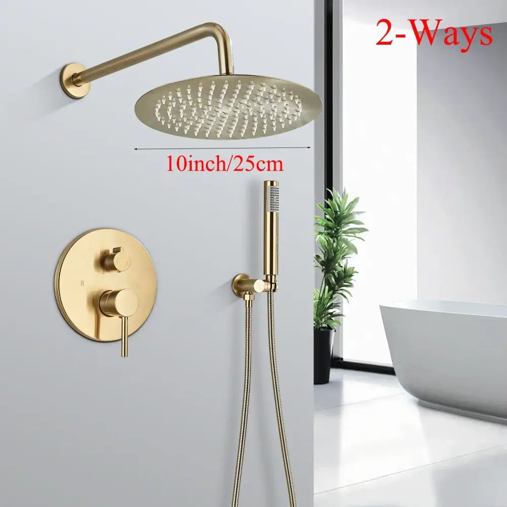 Modern brushed gold shower faucet system with 10-inch gold shower faucet and matching handheld spray for bathroom decorbites brushed gold