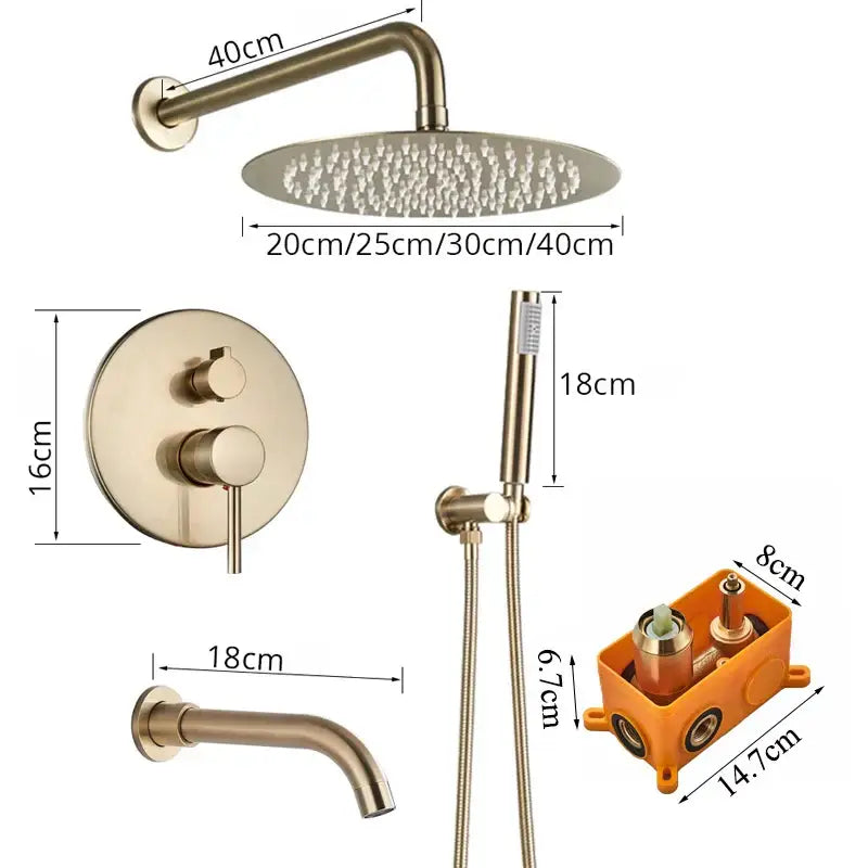 Modern brushed gold shower faucet system with rainfall head and wall-mounted controls featuring decorbites brushed gold finish