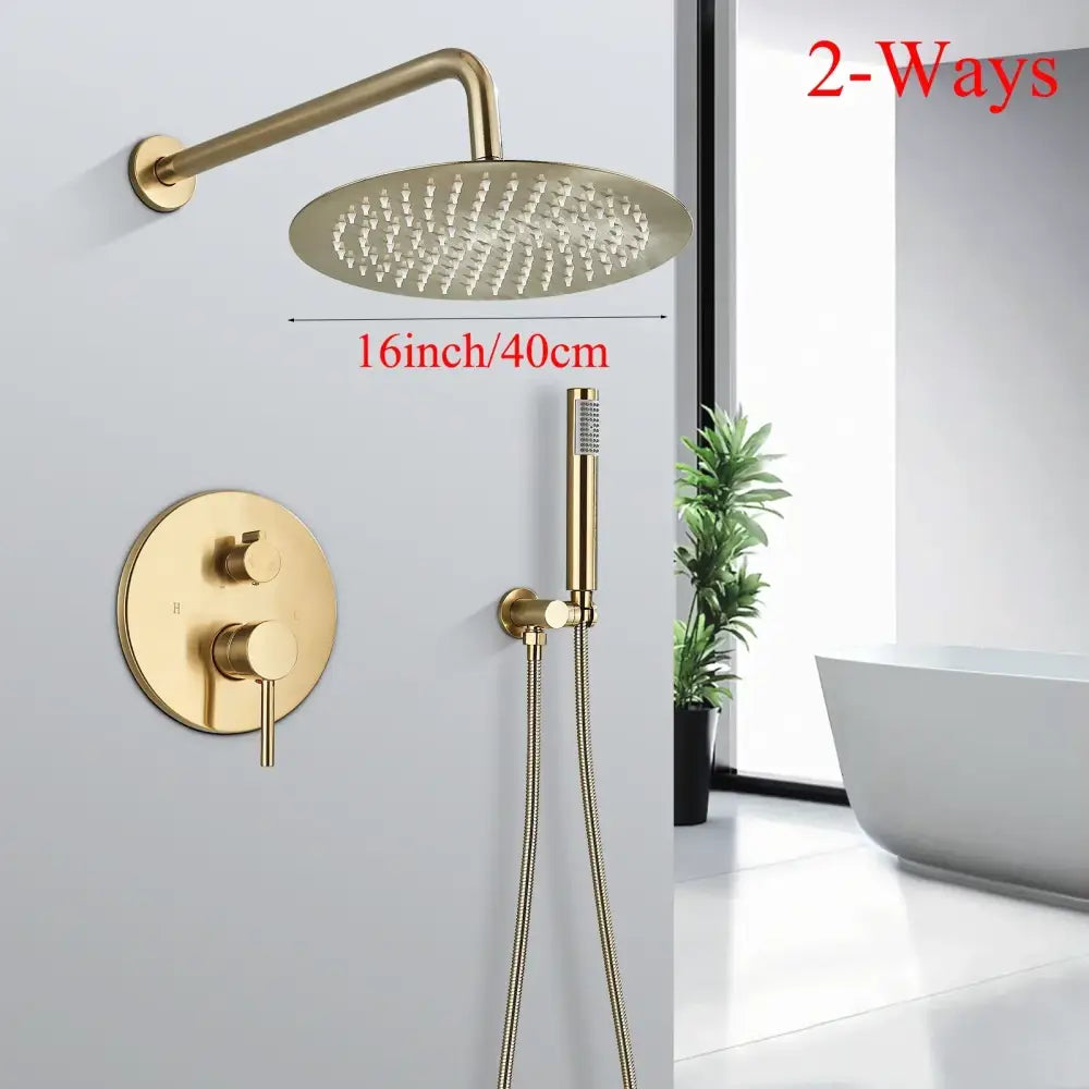 Modern brushed gold shower faucet system with 16-inch round gold shower faucet and handheld sprayer by decorbites brushed gold
