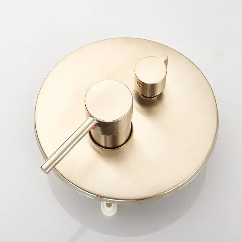 Modern brushed gold shower mixer control valve with long lever handle and smaller knob for precise temperature control