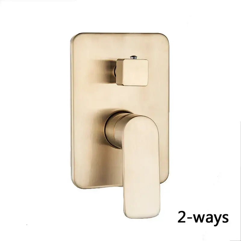 Modern brushed gold shower mixer control valve with a wall-mounted brushed brass rectangular plate and minimalist handle design