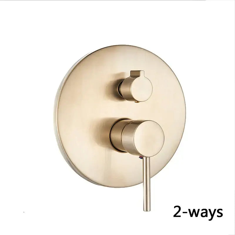 Modern brushed gold shower mixer control valve with two-way brushed finish and dual control knobs for bathroom use