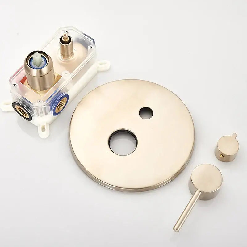 Modern brushed gold shower mixer control valve with brushed nickel trim kit brass fittings and two cylindrical handles