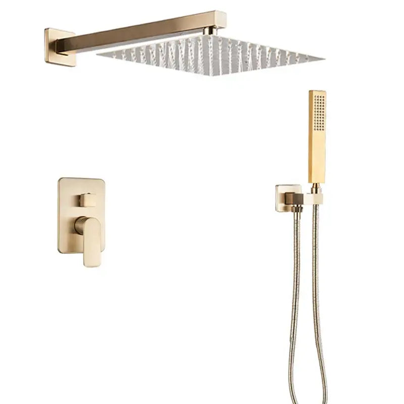 Modern brushed gold shower mixer control valve with gold-toned square rain shower head and handheld shower set