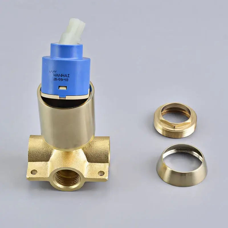 Brass faucet valve with blue plastic handle and white ceramic knob in modern brushed gold shower mixer set bathroom handheld spray