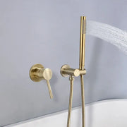 Modern brushed gold shower mixer set with a single lever handle and adjustable handheld spray for bathroom use