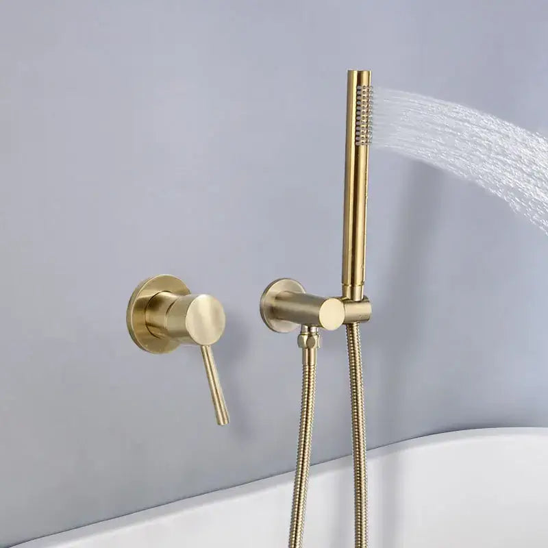 Modern brushed gold shower mixer set with a single lever handle and adjustable handheld spray for bathroom use