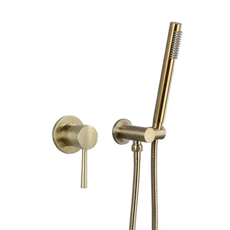 Modern brushed gold shower mixer set with wall-mounted control knob and adjustable handheld spray in sleek design