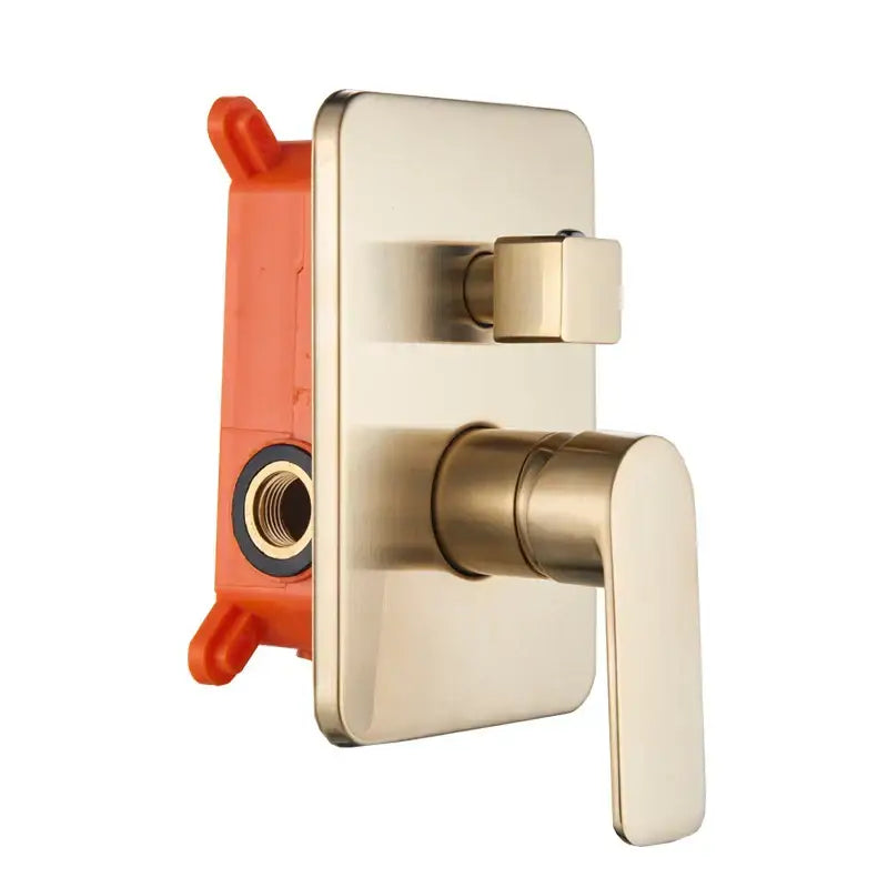 Modern brushed gold shower mixer faucet with sleek rectangular plate and orange plastic mounting bracket for bathroom