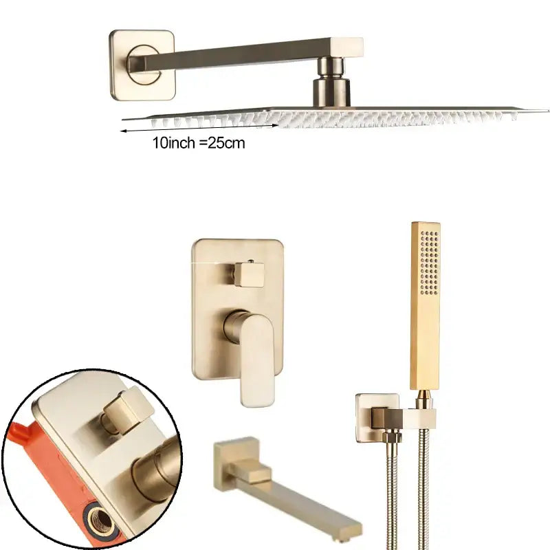 Modern brushed gold shower mixer with 10-inch rainfall head and handheld showerhead in brushed nickel finish