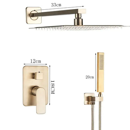Modern brushed gold shower mixer with 33cm square rainfall head and handheld showerhead for bathroom use