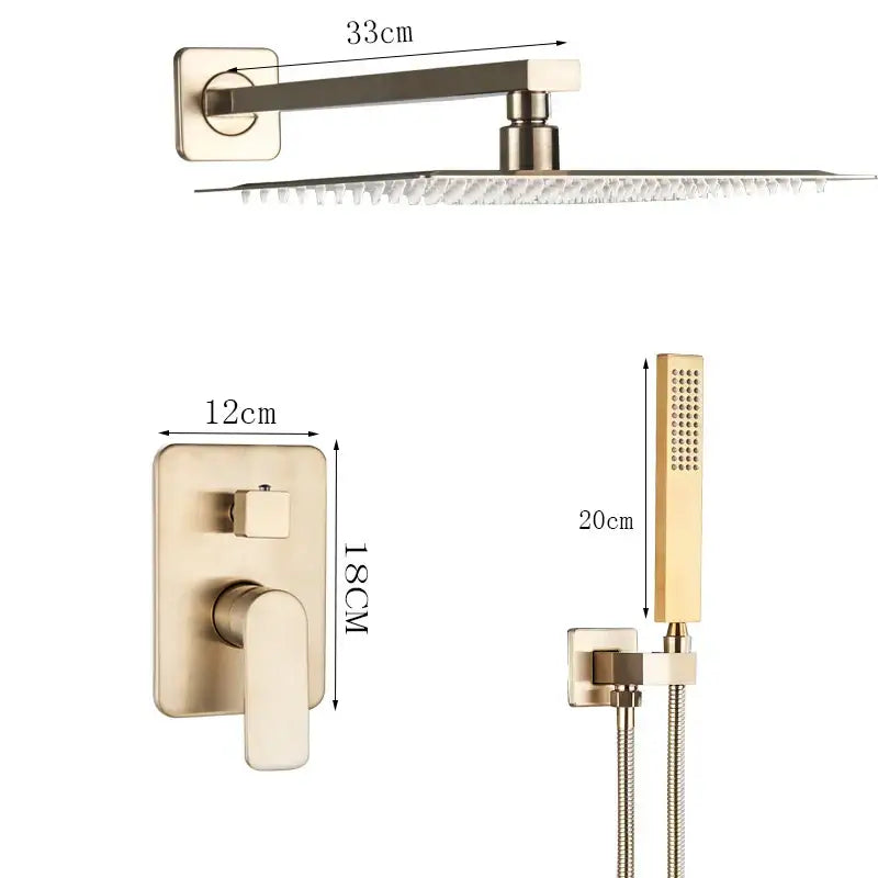 Modern brushed gold shower mixer with 33cm square rainfall head and handheld showerhead for bathroom use