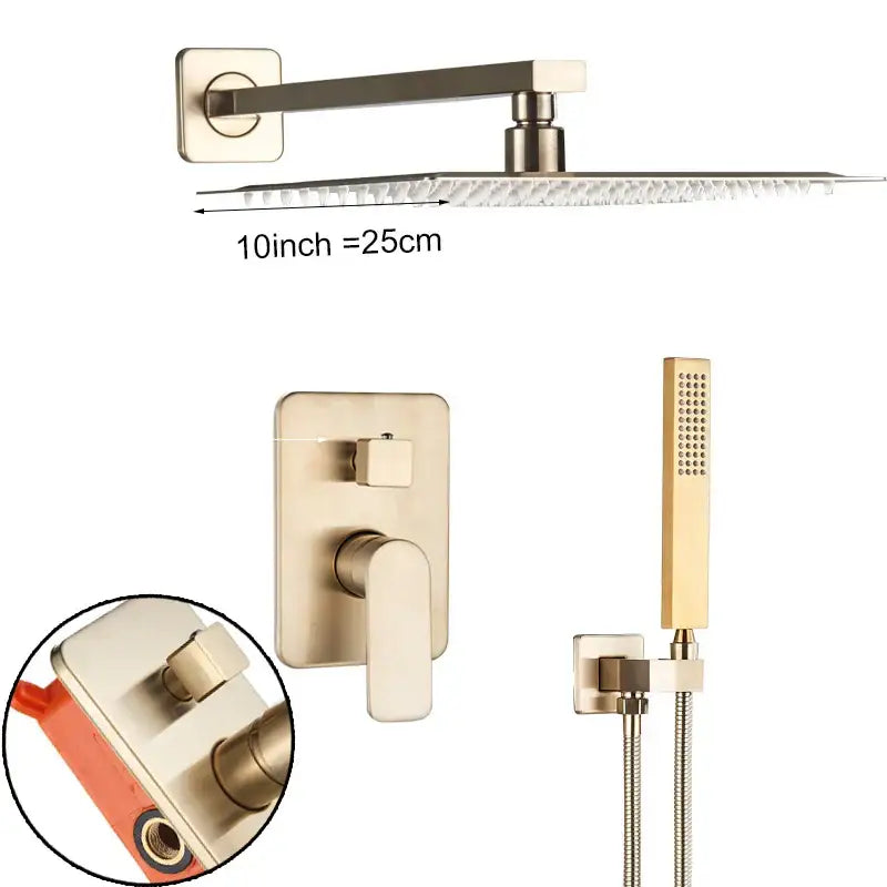 Modern brushed gold shower mixer with rainfall head and brushed nickel finish rain shower head with hand-held spray nozzle