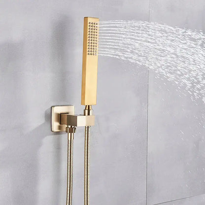 Modern brushed gold shower mixer with rectangular rainfall showerhead and flexible braided hose in brushed gold finish
