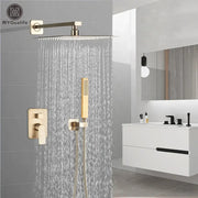 Modern brushed gold shower mixer with rainfall head and matching handheld shower in a gold finish for bathroom