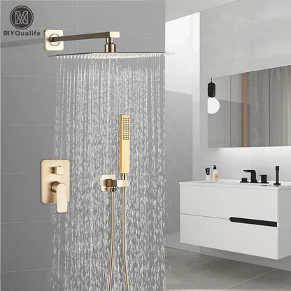 Modern brushed gold shower mixer with rainfall head and matching handheld shower in a gold finish for bathroom