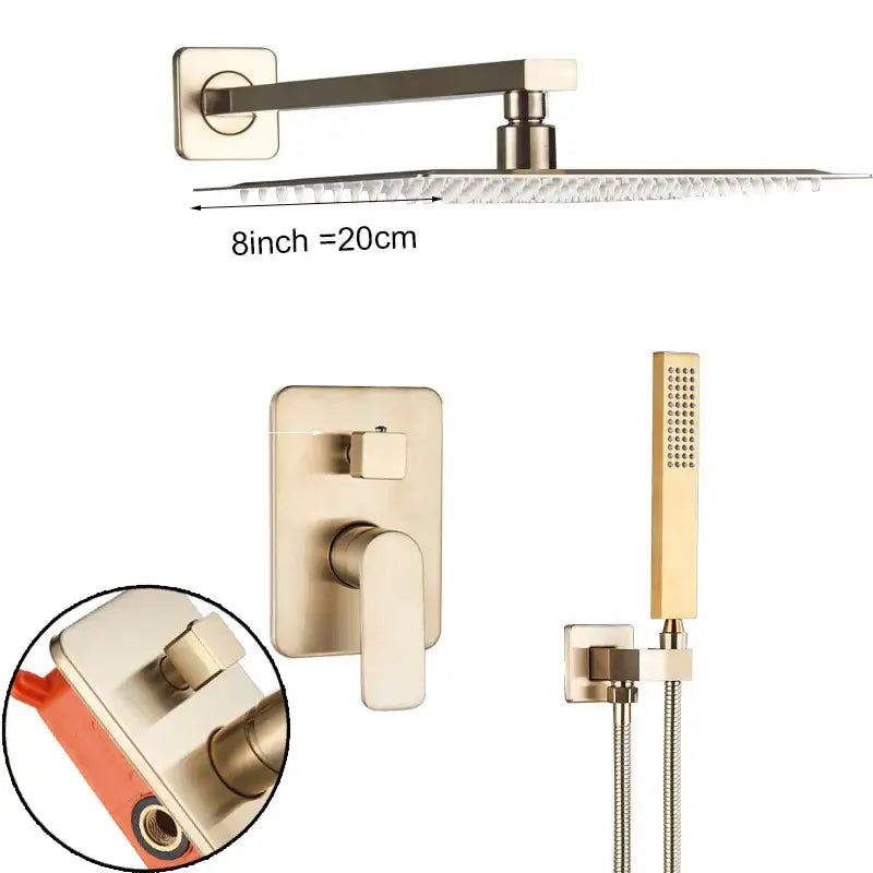 Modern brushed gold shower mixer with 8-inch square rain shower head and matching faucet and handheld set