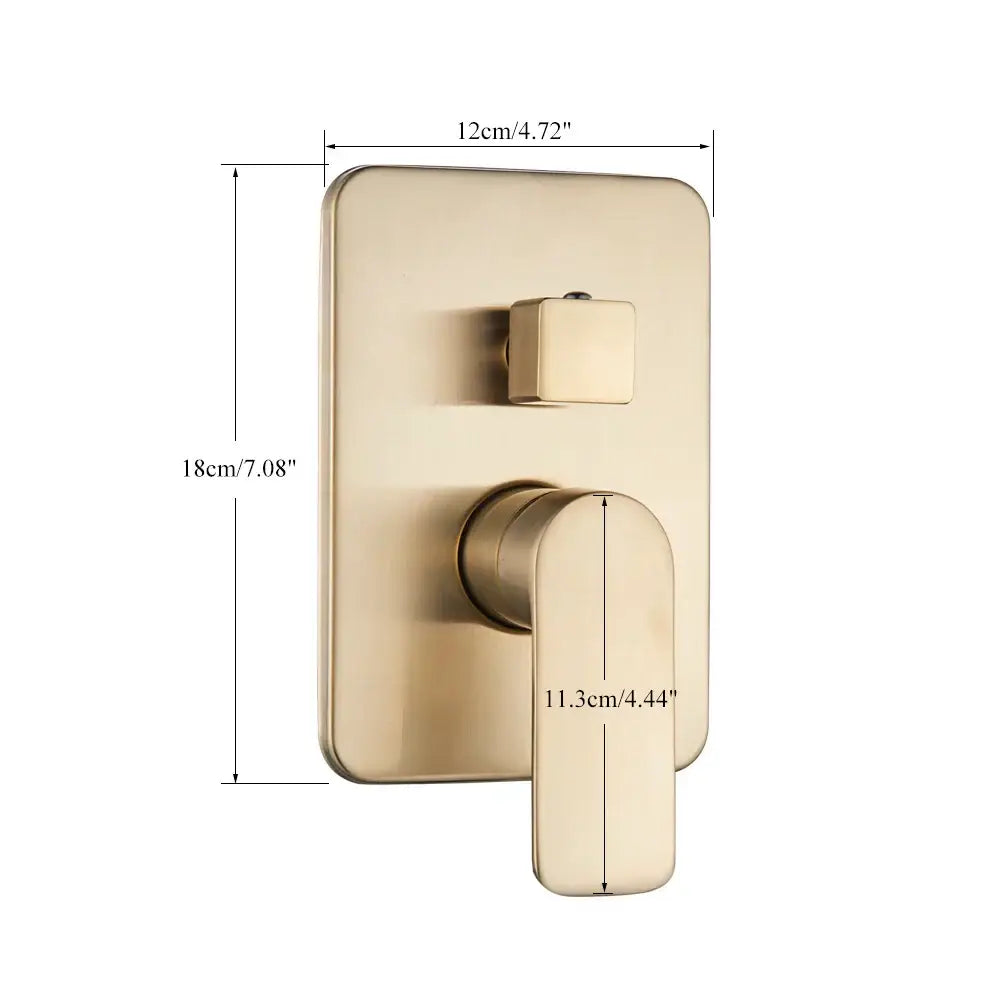 Modern brushed gold shower mixer with wall-mounted faucet and sleek rectangular design for bathroom use
