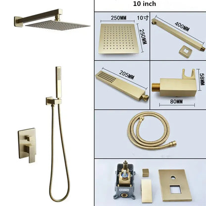 Modern brushed gold shower set with square rainfall head handheld sprayer and decorbites brushed gold components