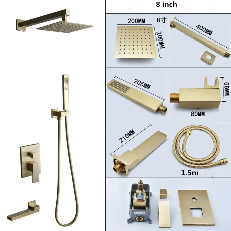 Modern brushed gold shower set with square rainfall head handheld sprayer and wall-mounted control valve decorbites brushed gold