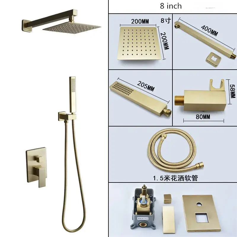 Modern brushed gold shower set with square rainfall head handheld sprayer and brass piping by decorbites brushed gold