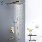 Modern brushed gold shower set featuring a gold-toned square rain shower head with handheld and faucet trim decorbites brushed gold