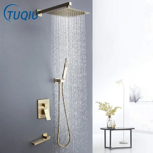 Modern brushed gold shower set featuring a gold-toned square rain shower head with handheld and faucet trim decorbites brushed gold